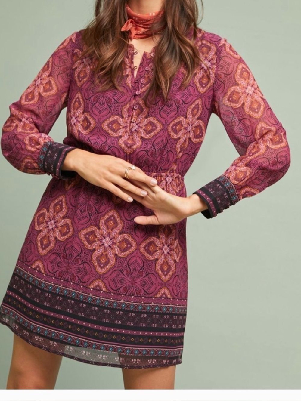Anthropologie Medallion Paisley Print Button Front Mini Dress Boho Large Petite